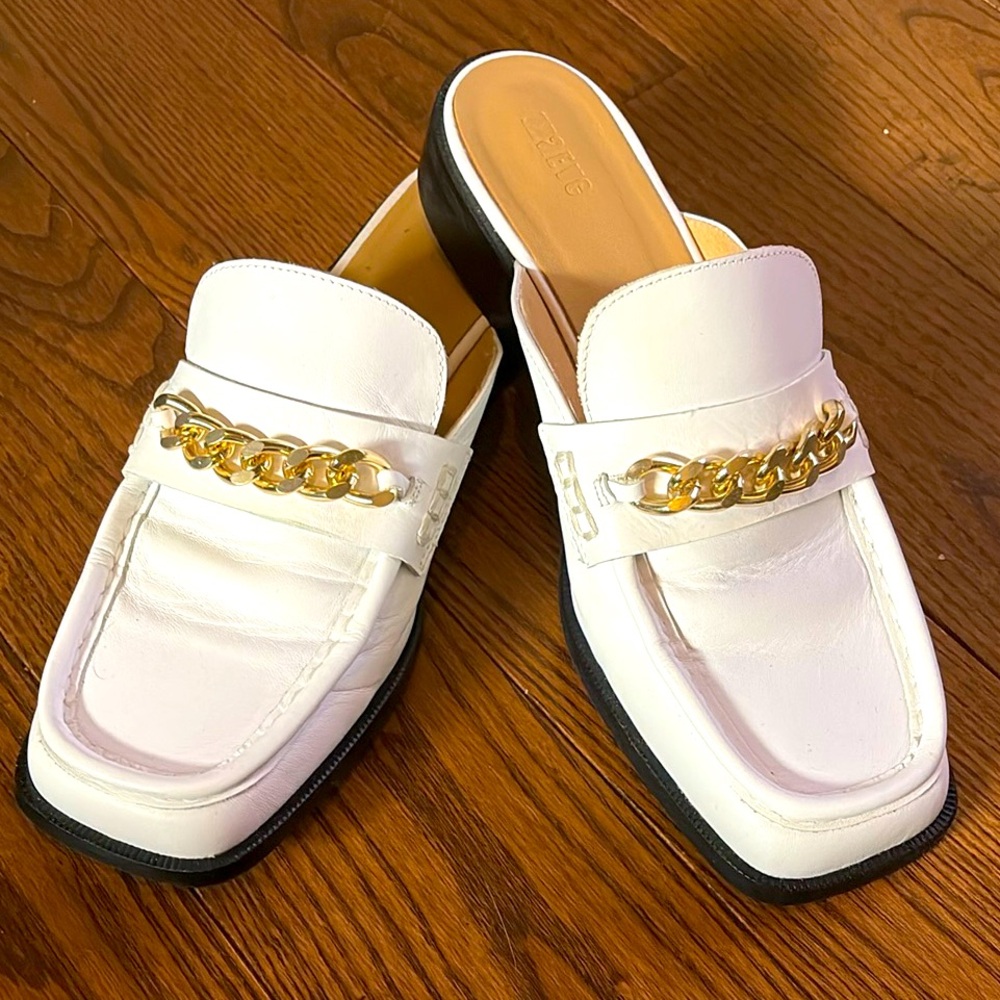 Maeve White Leather Chain-Trim Mules